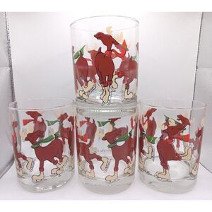 4 Vintage Cera Glasses / Tumblers Ice Skating Moose LowBall Eggnog Drinking Cups